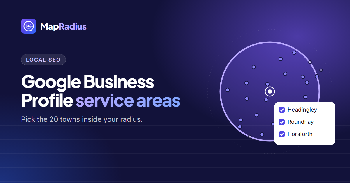 A radius circle over a city with a list of ticked service areas beside it