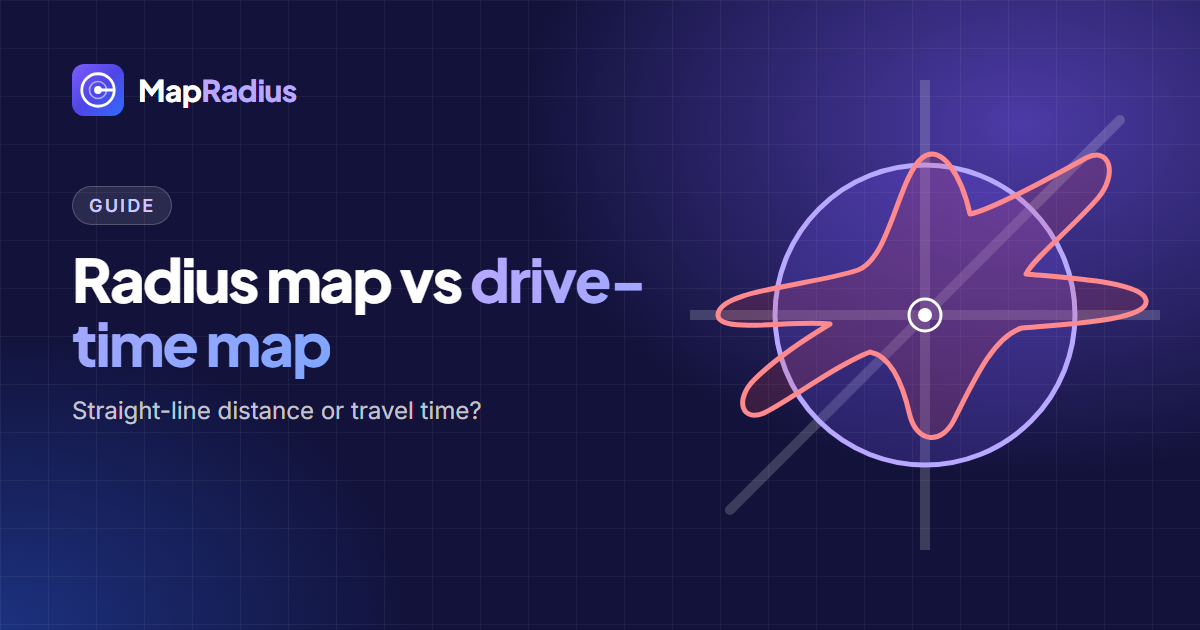 A round radius circle beside an uneven drive-time shape from the same centre